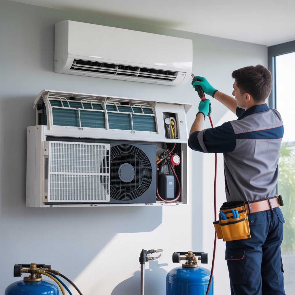 a technician servicing a wall mounted sp eqoit9xari6wj xhjwmg a lqiu5lmosia9aqfmgxcu a